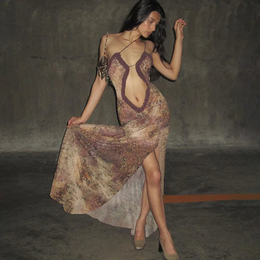 Women's Asymmetric Ruched Cut Out Sleeveless Maxi  Party Slip Dress