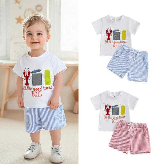 0-7Y Casual Kids Boys Summer Clothes Sets 2pcs Short Sleeve O Neck Lobster Letter Print T Shirts and Striped Shorts