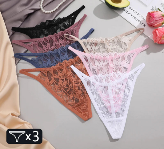 Women's 3Pcs/Set Lace Floral Thongs Hollow Out Underwear Low-Waist Perspective G-string Breathable Lingerie