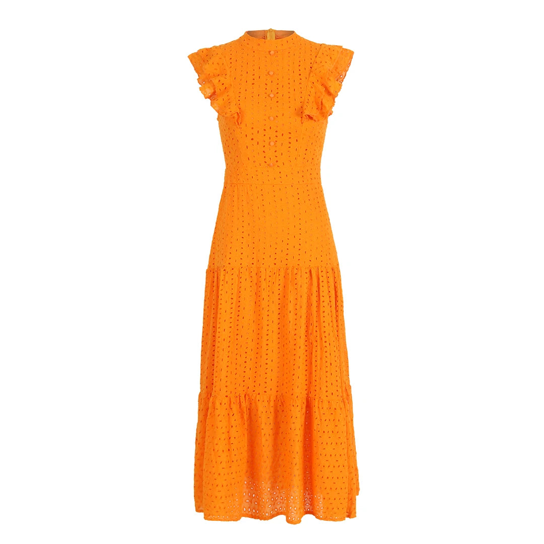 Women's Bohemian Hollow Out Elegant Round Neck Flying Sleeve Button Long Summer Dress