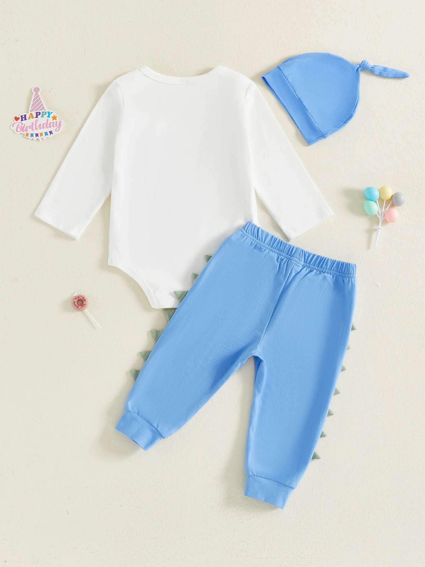 Newborn Baby Boys Birthday Clothing Set - Dinosaur Embroidery Romper, Pants & Hat 3-Piece (0-18M)