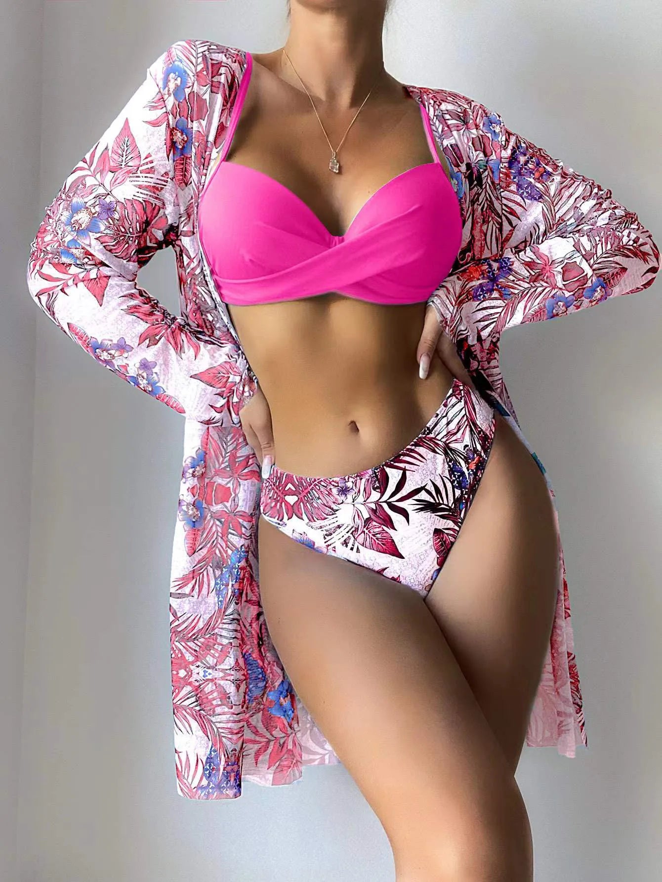 Women's Print Beach Cover Up And Bikini Set Swimwear Hollow Out Swimsuit High Waist Three Piece Beachwear