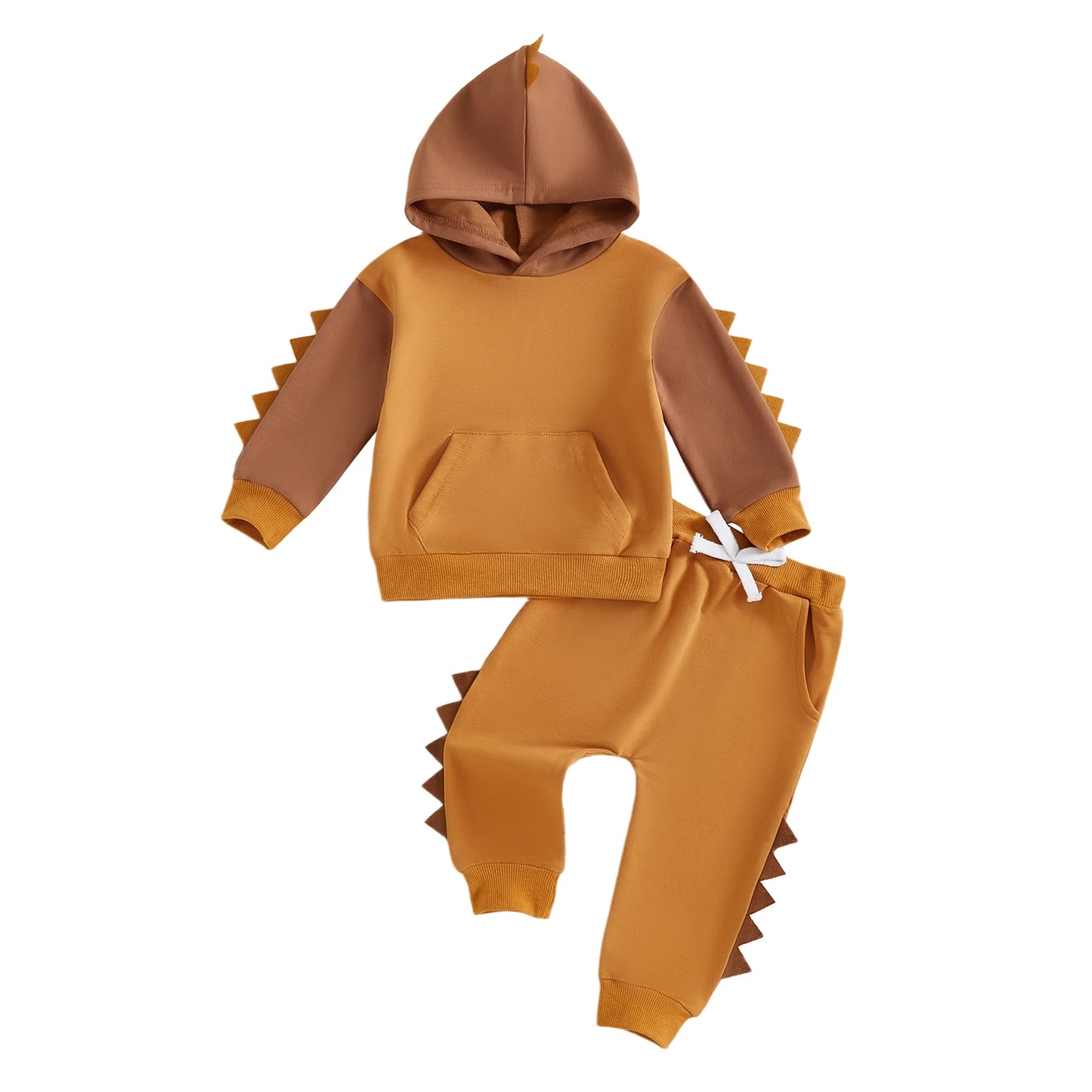 Toddler Dinosaur Hooded Outfit Set - Contrast Color Long Sleeve Top & Pants (0-5Y)
