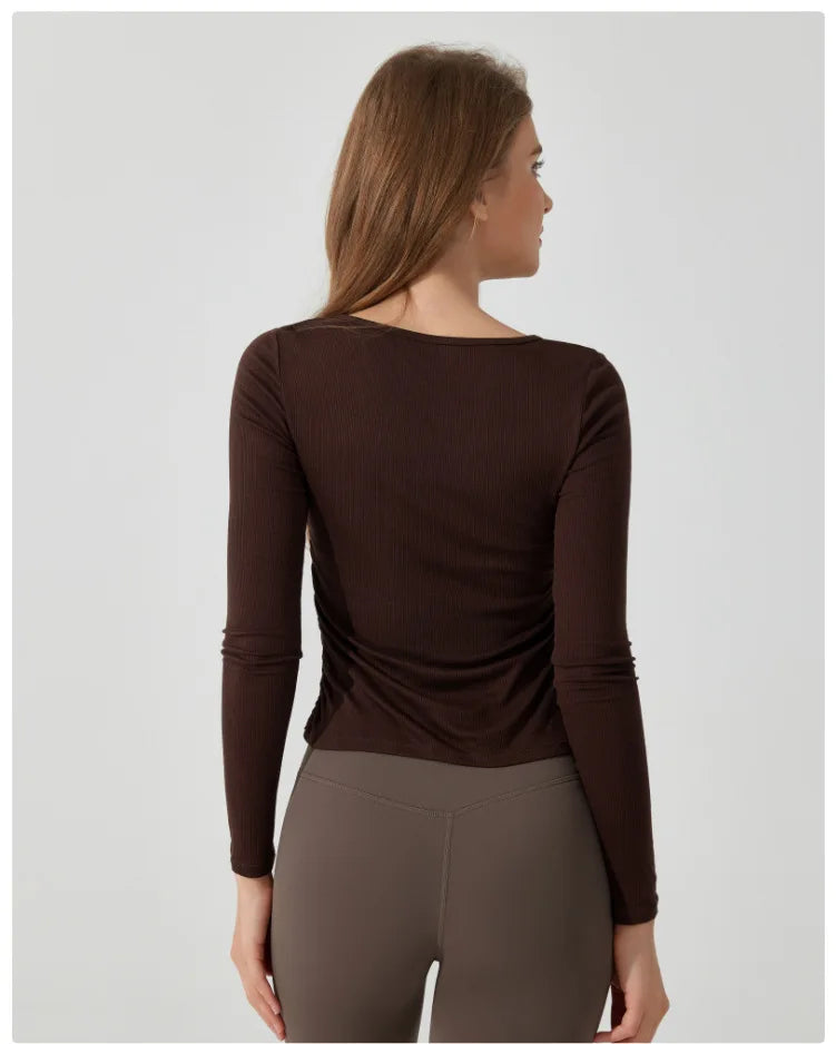 Women's Long Sleeve Yoga Shirt Slim Fit Gym Top Breathable Ribbed Gym Running Top Workout Sportswear