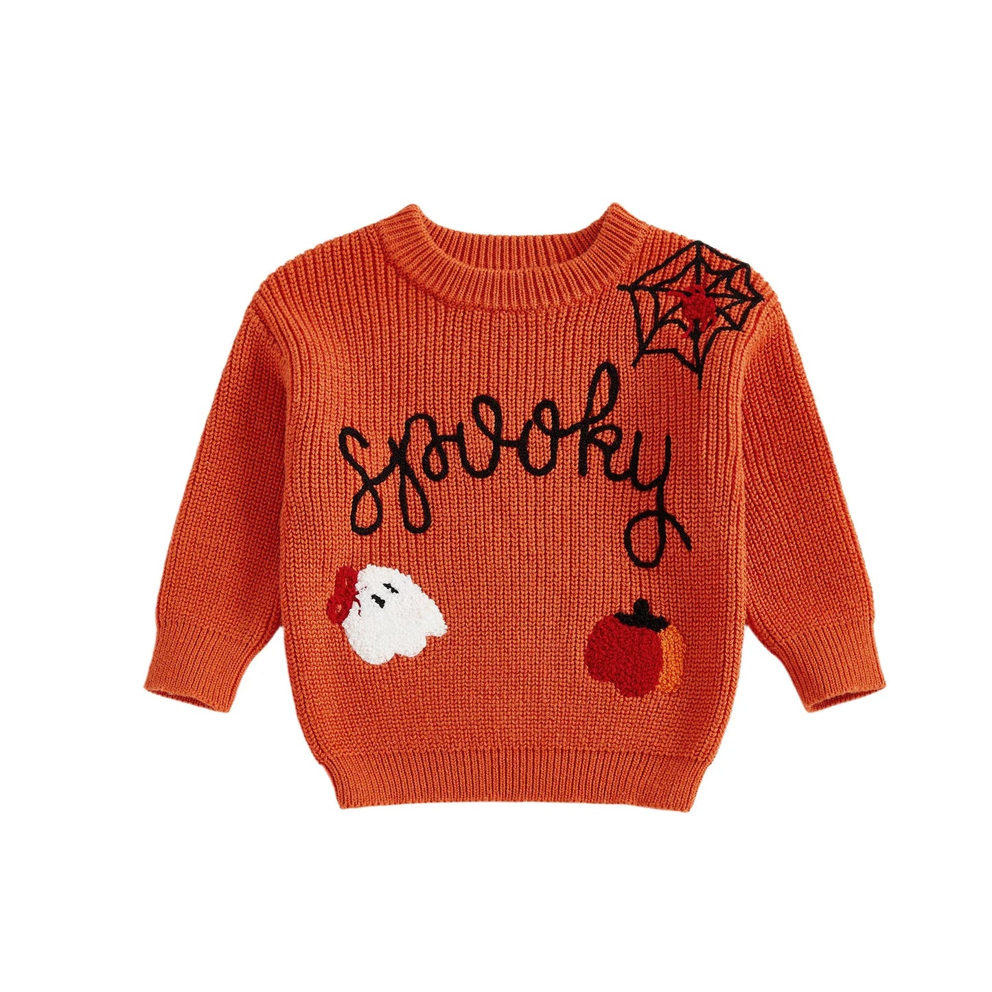 Baby Halloween Knit Sweater - Letter Ghost Pumpkin Spider Web Embroidery