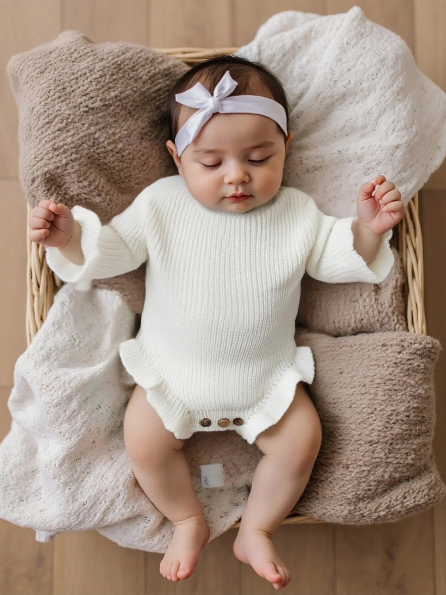 Newborn Baby Knit Romper - Long Sleeve Round Neck Ruffled Sweater Jumpsuit