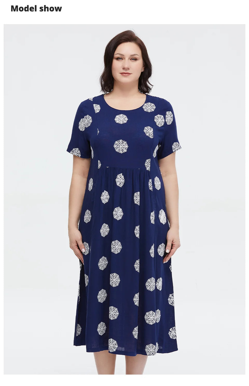 Women's Summer Elegant Cotton Oversize Office Polka Dot Embroidery Design Pocket Long Dress