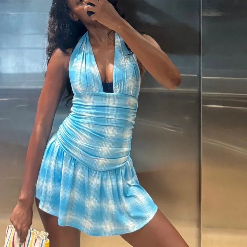 Women's Plaid Gradient Halter Plunge Mini Dress Outfit Summer Backless A-Line Ruched Dress