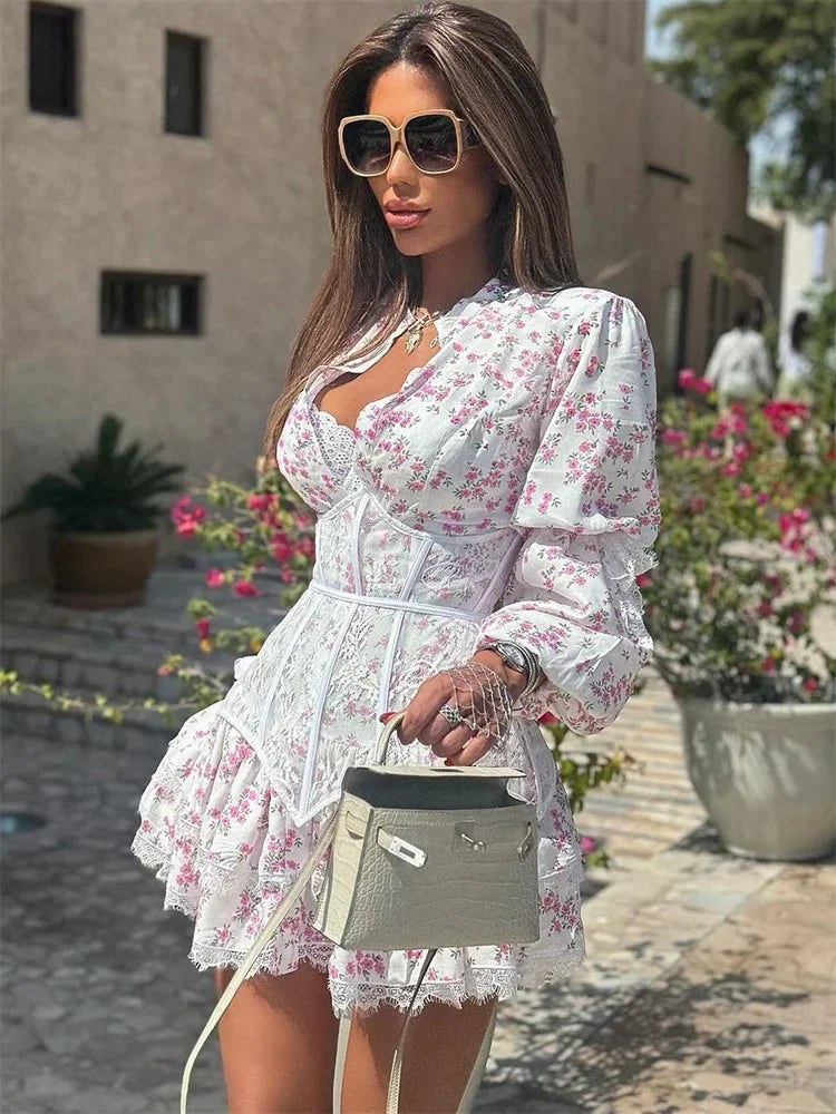 Women's V-Neck Printed Mini Lace Ruffled High Waist Long Sleeve Splice Contrast Slim Fit Bandage Dress