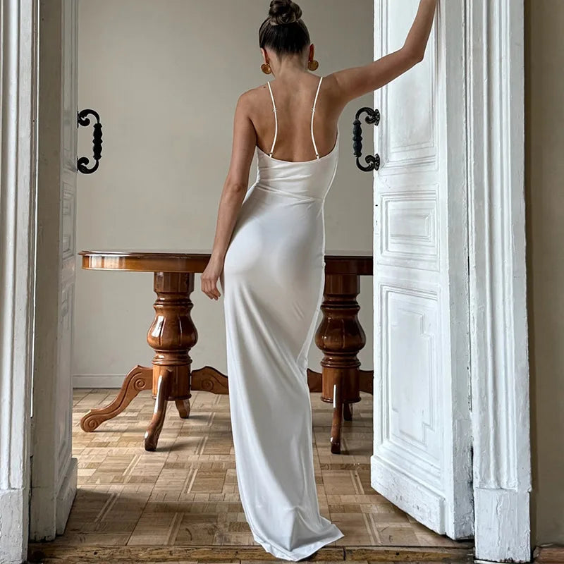Women's Draped Cut Out Maxi Outfit Gown Backless Solid Plunge Slip Dress