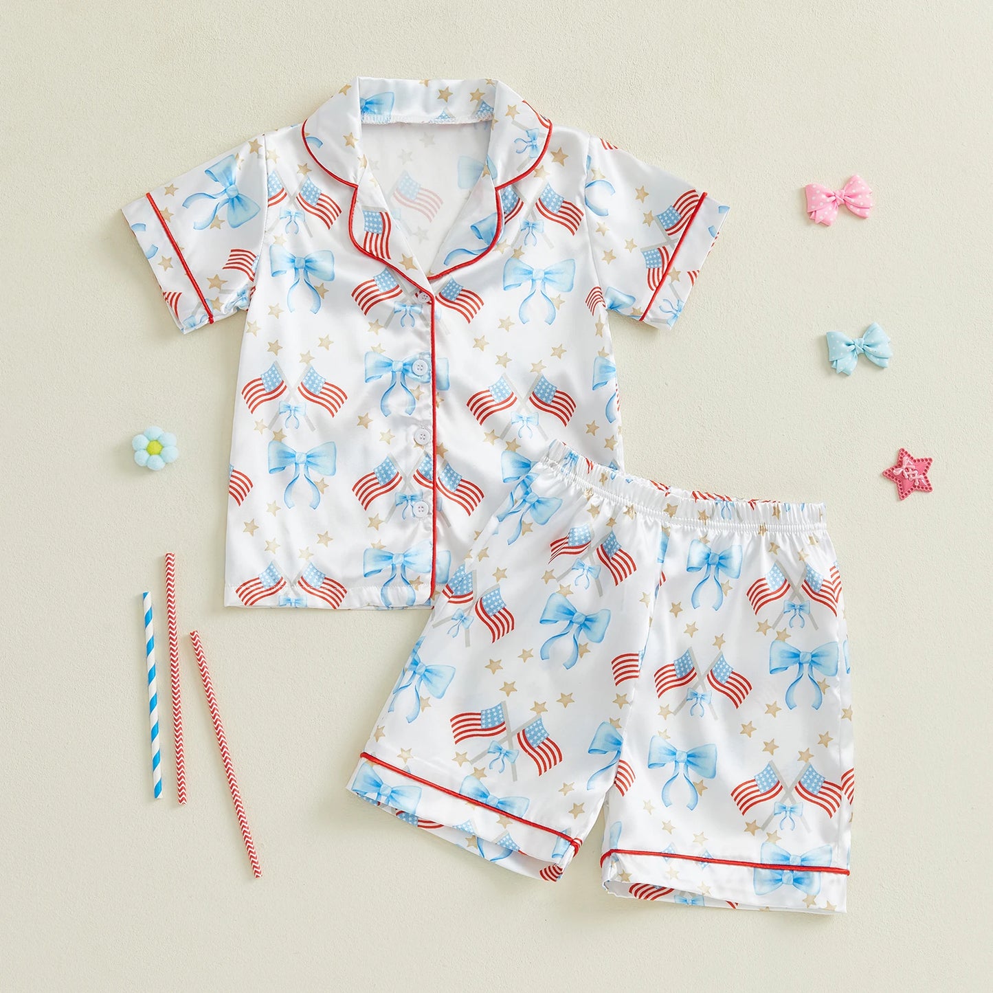 0-6Y Summer Kids Girls Pyjamas Clothes Set Summer Star/Bow Print Button up Short Sleeves Shirt with Elastic Shorts