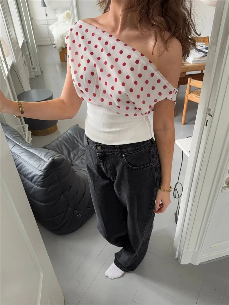 Women's Backless Polka Dot Crop Top Summer New Oblique Shoulder Sleeveless Tank Top