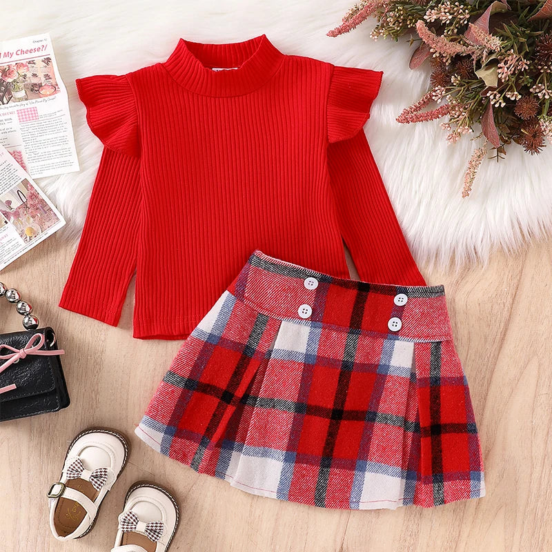 Little Girl Fall Clothes Set - Ruffle Long Sleeve Ribbed Top & Plaid A-Line Skirt