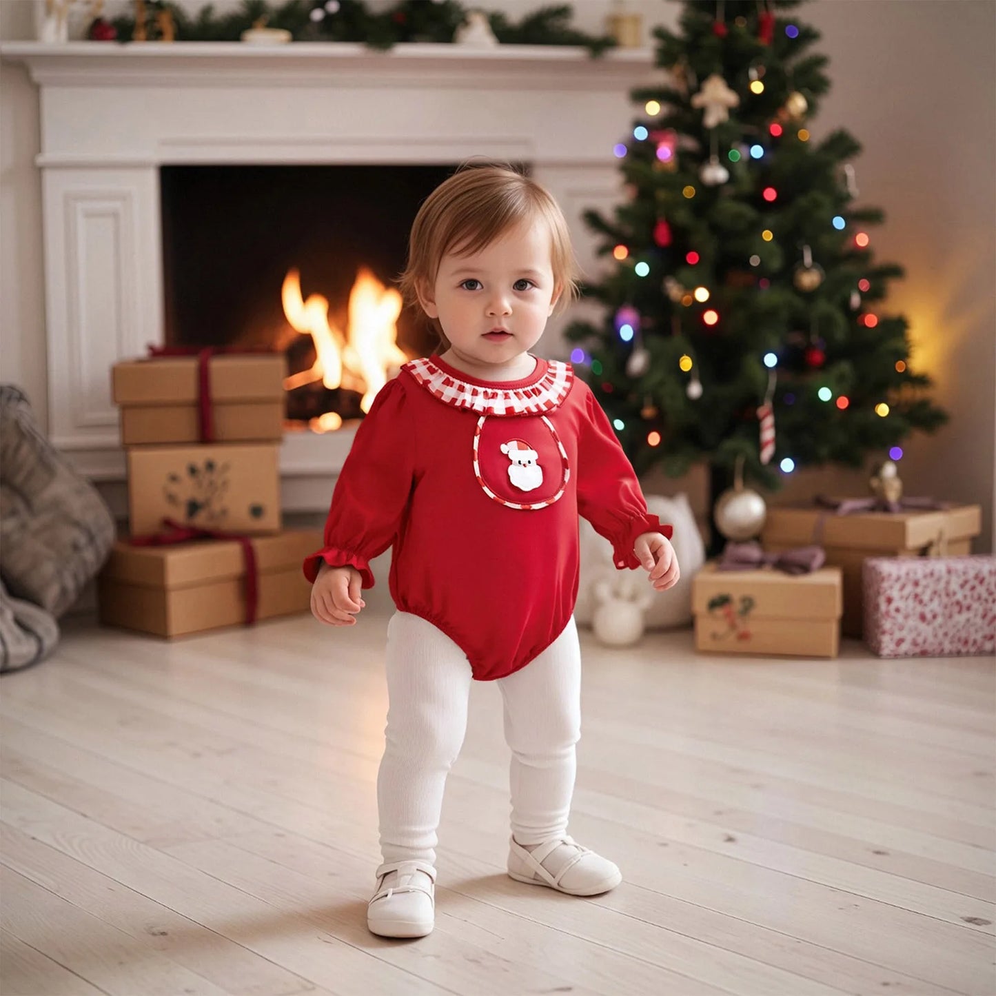 Baby Girls Christmas Santa Claus Embroidered Romper (0-18M)