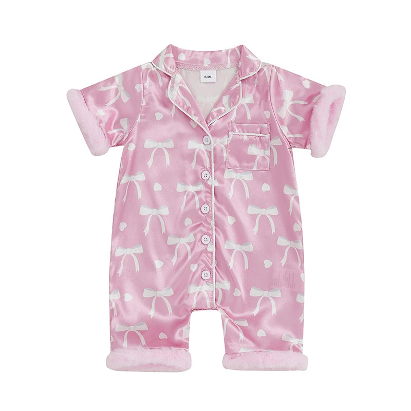 Baby Girls' Satin Romper Pajamas - Bow Print Feather Cuffs Short Sleeve Lapel Jumpsuit