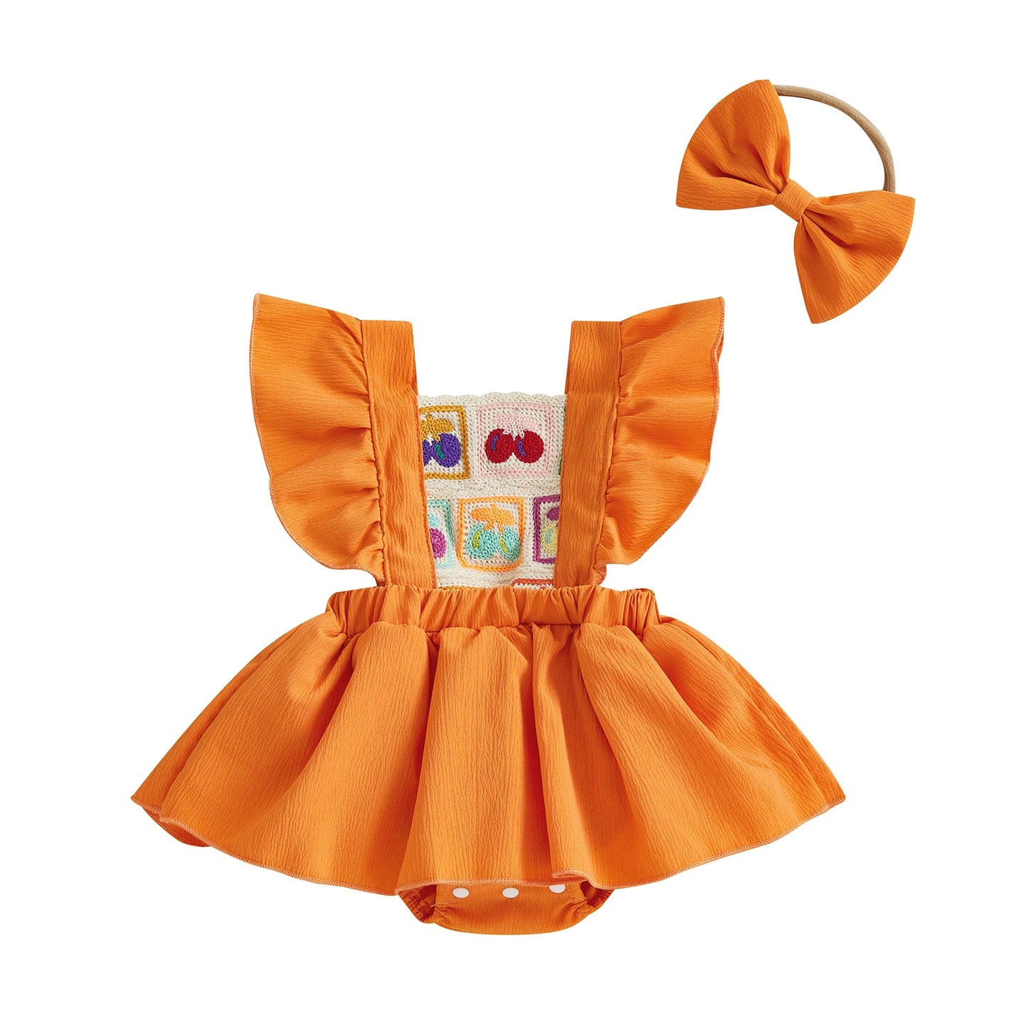 0-18M 2pcs Baby Girls Rompers Dress Cherry Embroidery Ruffles Fly Sleeve Skirt Hem Jumpsuits with Headband