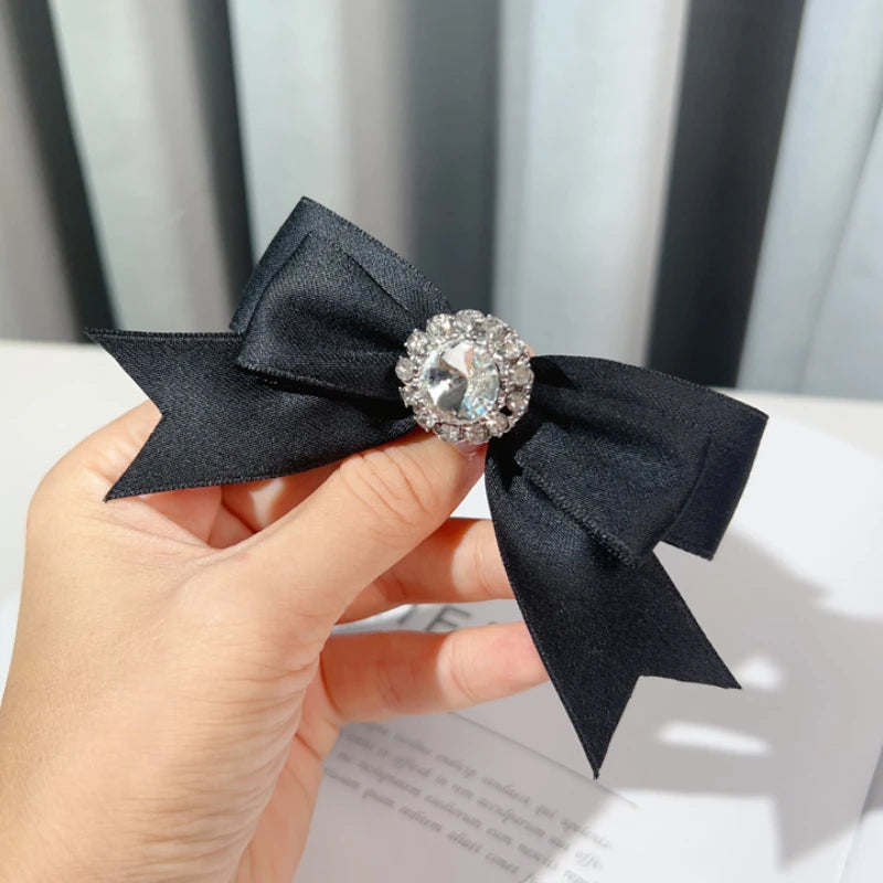 Handmade Fabric Bow Tie Brooch - Rhinestone Crystal Lapel Pin for Women