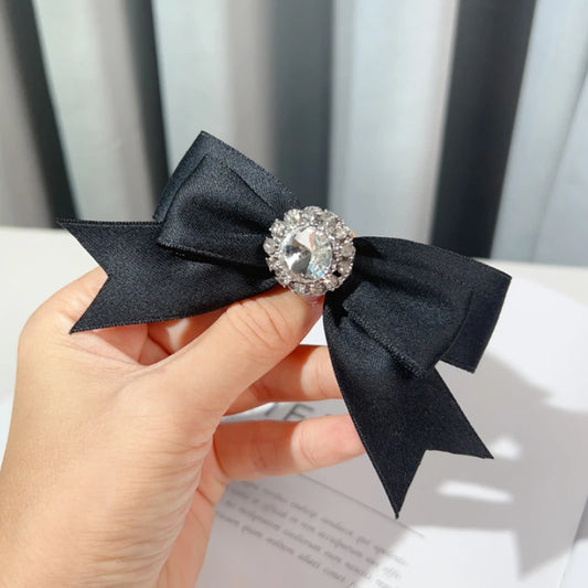 Handmade Fabric Bow Tie Brooch - Rhinestone Crystal Lapel Pin for Women