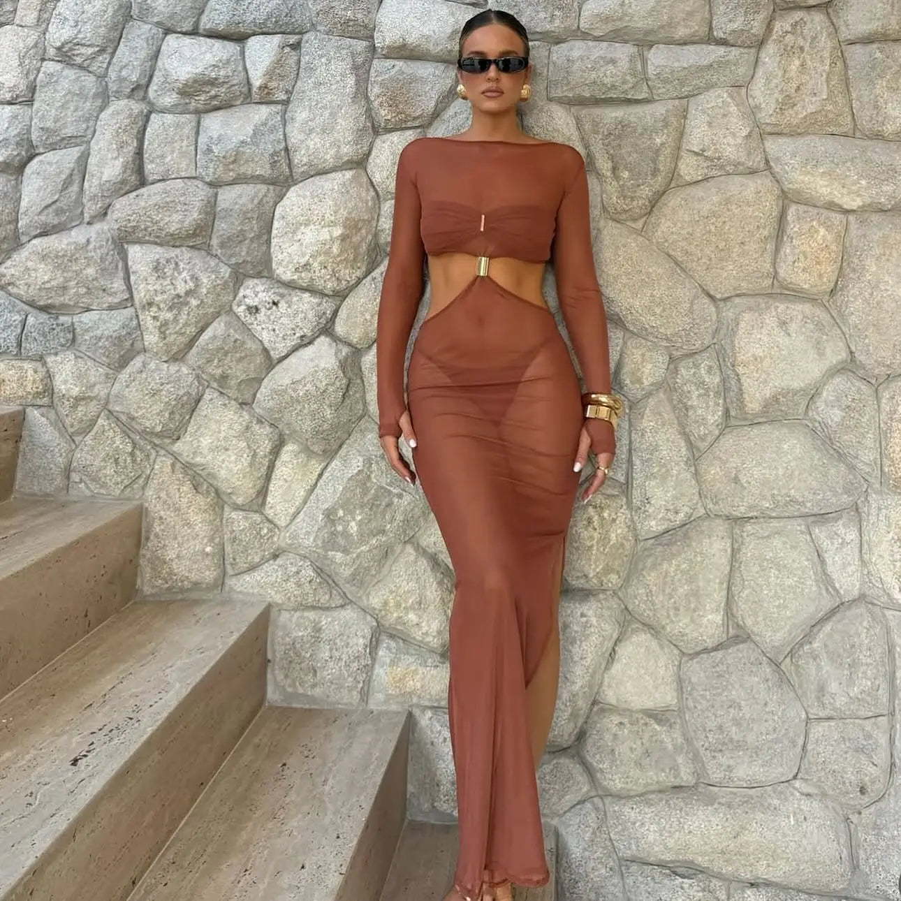 Women's Cut out Dress with Bikini 3 Pcs Long Sleeve Cover Up Lace Up Slit Long Summer Beach Dress