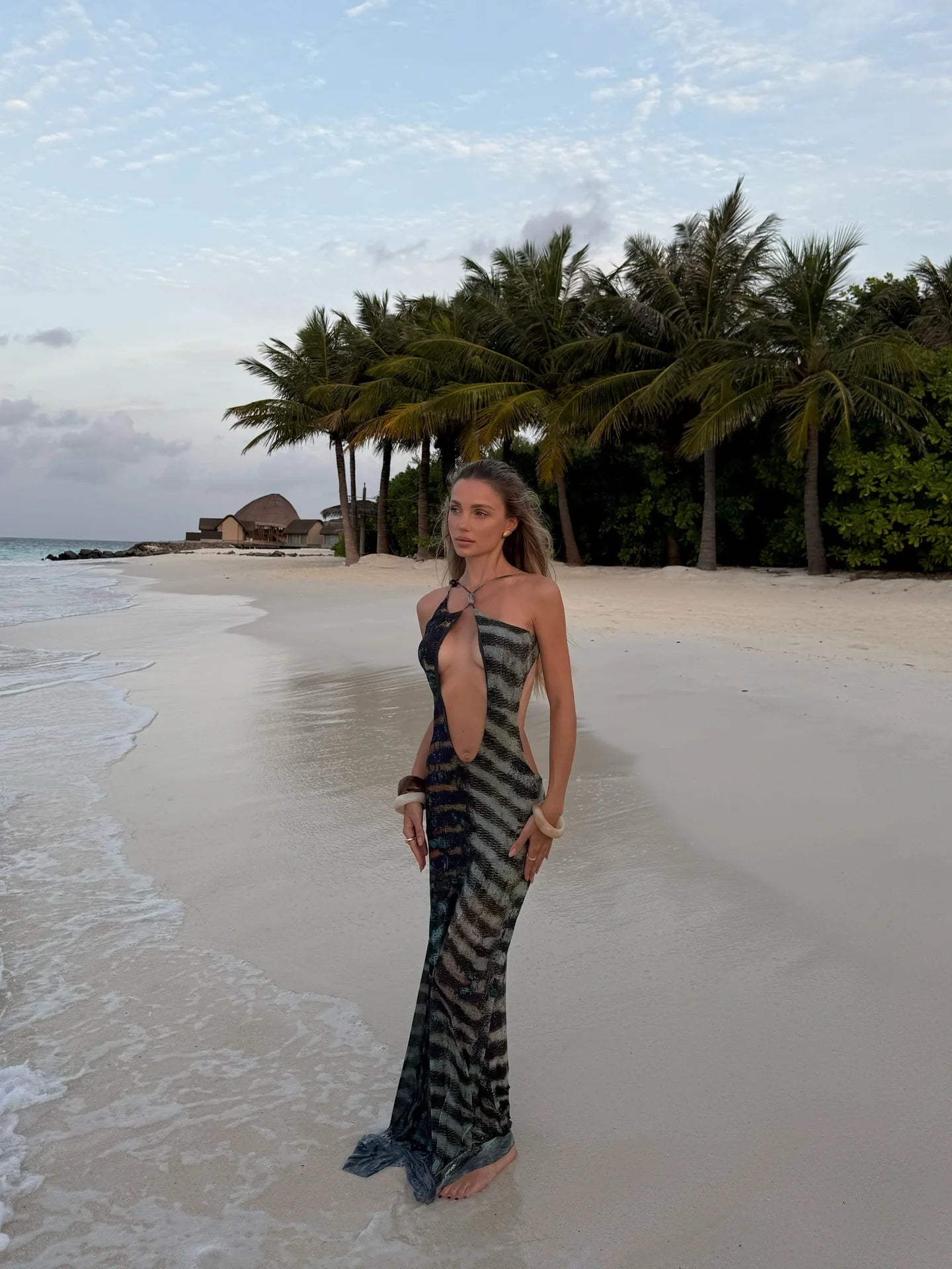 Women's Print Mesh Halter Tie Up Bead Naked Waist A-line Maxi Summer Beach Dress