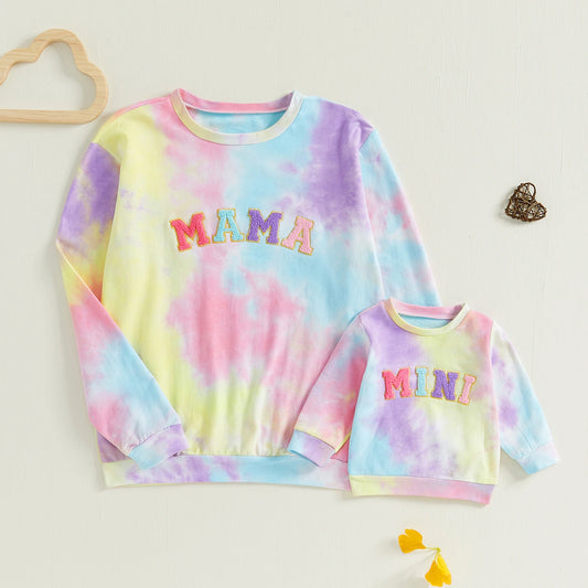 Mommy & Me Matching Letter Embroidery Sweatshirts - Long Sleeve Round Neck Pullovers
