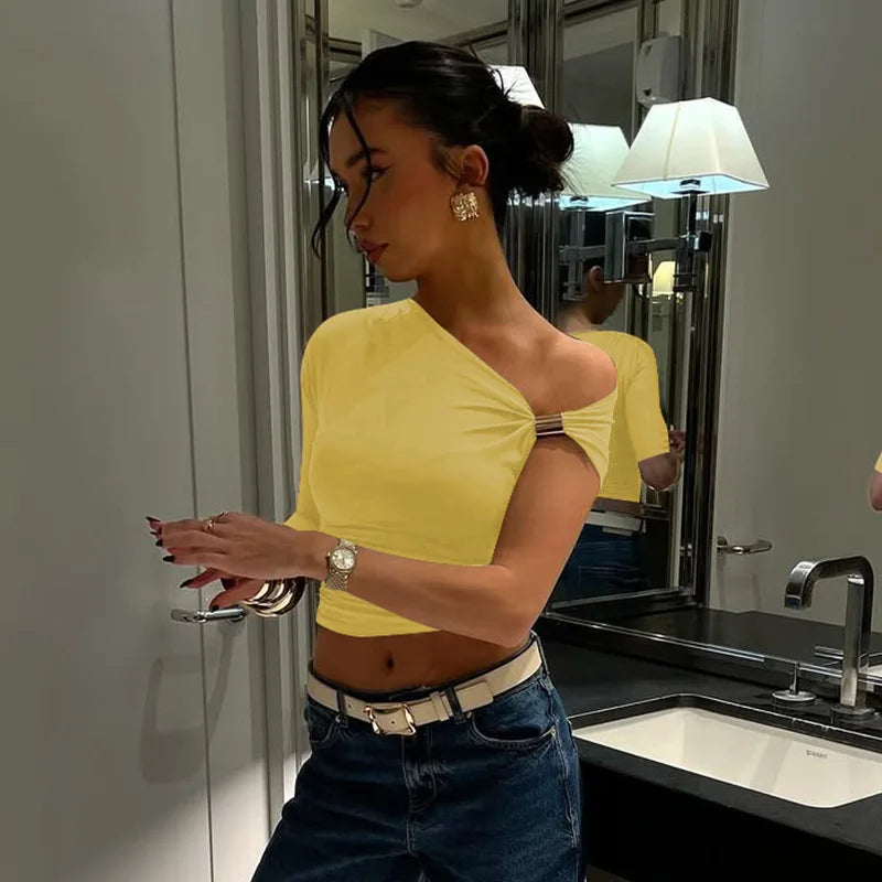 Women's One Shoulder Asymmetrical Summer Fashion Outfit Embellished Backless Cropped Top