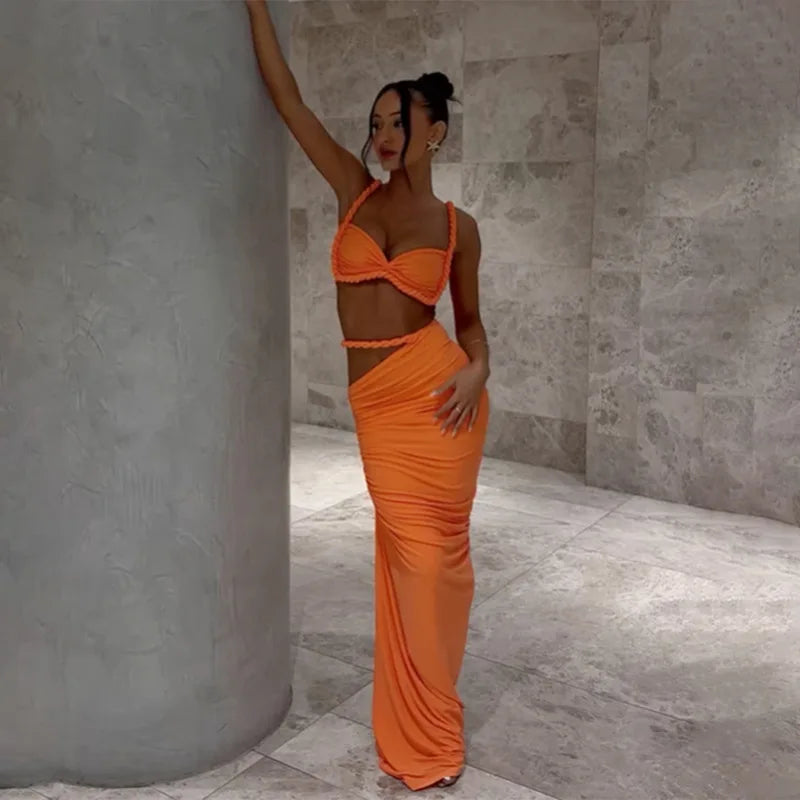 Women's Ruched Bandage 2 Piece Set Backless Decorative Cord Top and Skirt Dress Set