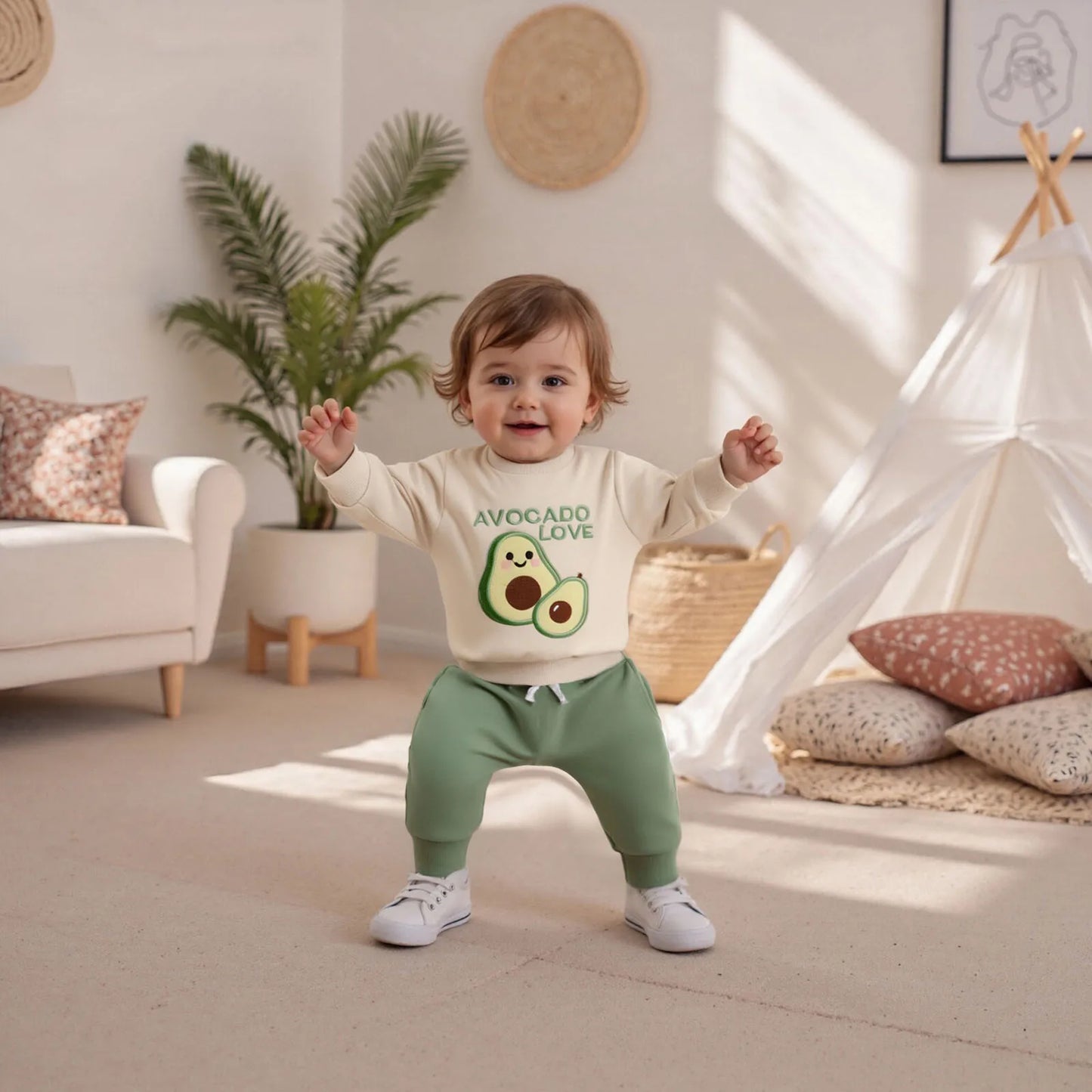 Infant Baby Boys Fall Winter Clothes Set - Fruit Letters Embroidery Long Sleeve Pullover Sweatshirt & Solid Pants