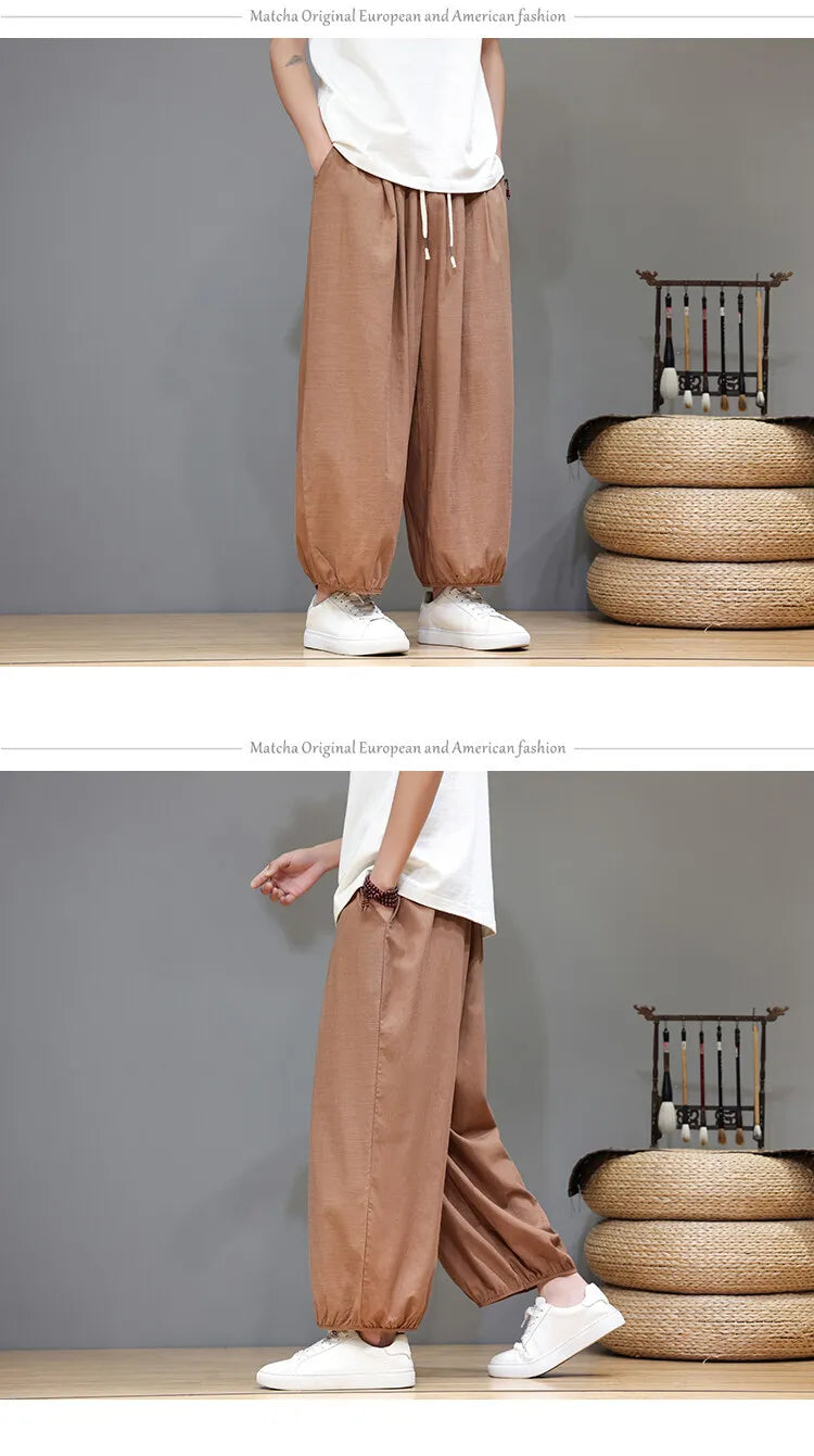 Men's Summer Wide Leg Pants Casual Breathable Loose Ankle Length Harem Trousers