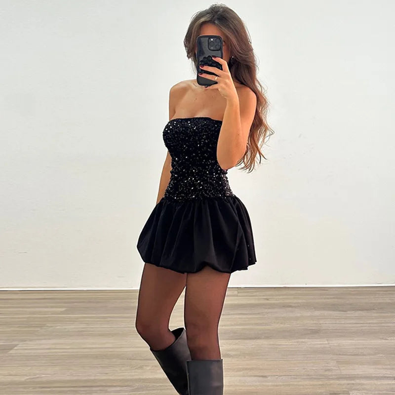 Women's Strapless Sequins Mini One-Shoulder Bodycon Splice Folds Party Club Dress