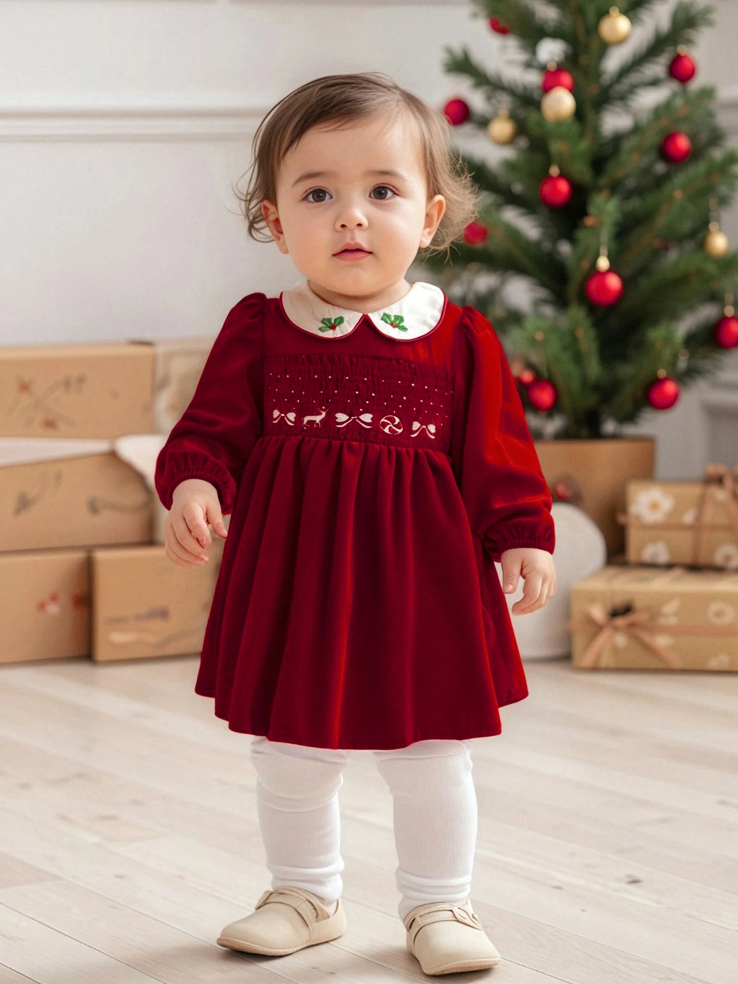 Little Girl's Velvet Christmas Dress - Deer Bow Holly Embroidered Smocked A-Line