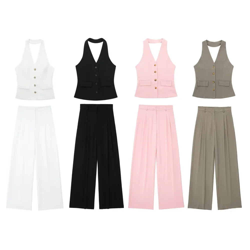 Women's Solid Colour Backless Hanging Neck Collar Vest Long Trousers Set