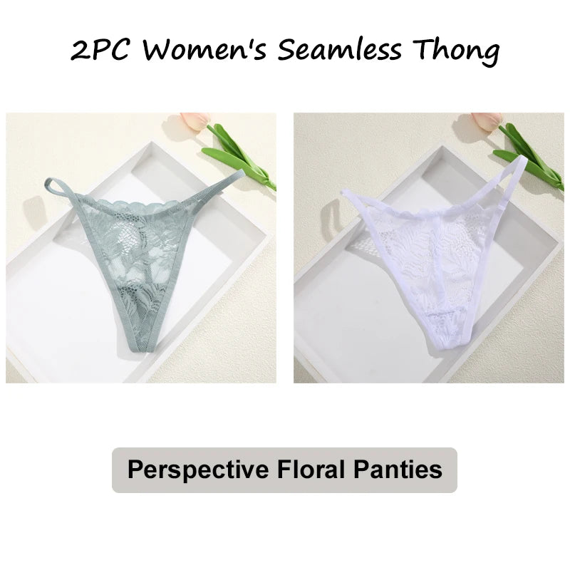 Floral Lace Thong Underwear - Low Waist Transparent Briefs for Women