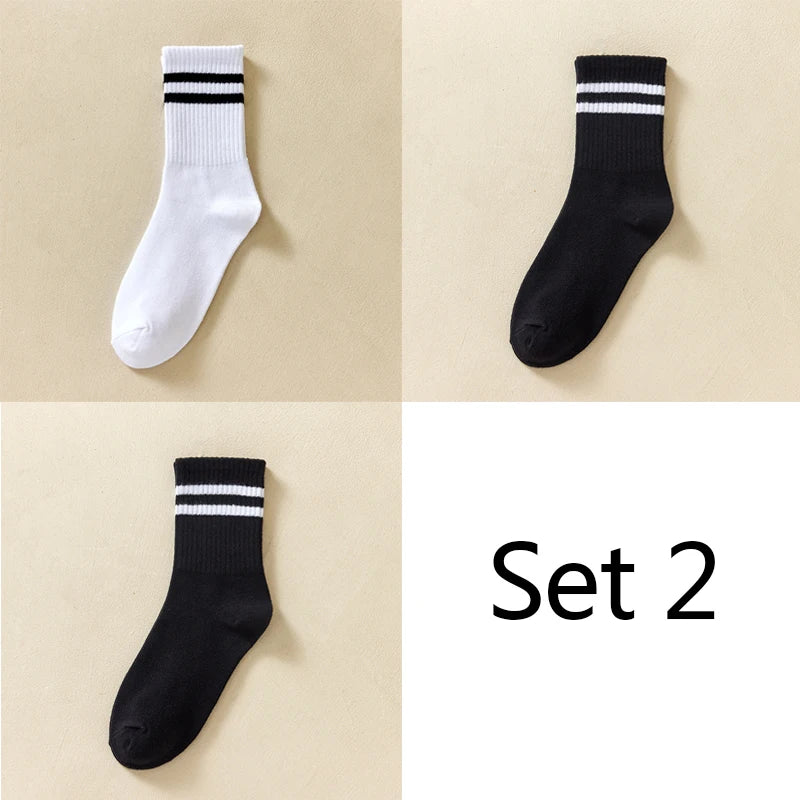 3 Striped Cotton Socks - Unisex Streetwear Casual Knitted Socks