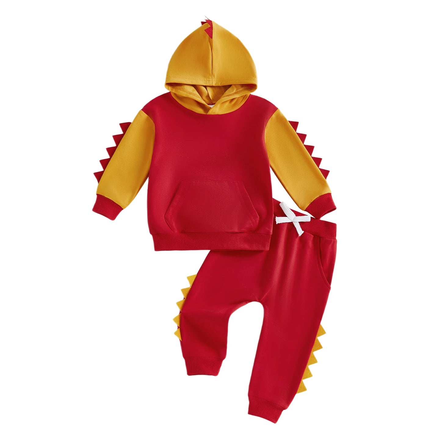 Toddler Dinosaur Hooded Outfit Set - Contrast Color Long Sleeve Top & Pants (0-5Y)