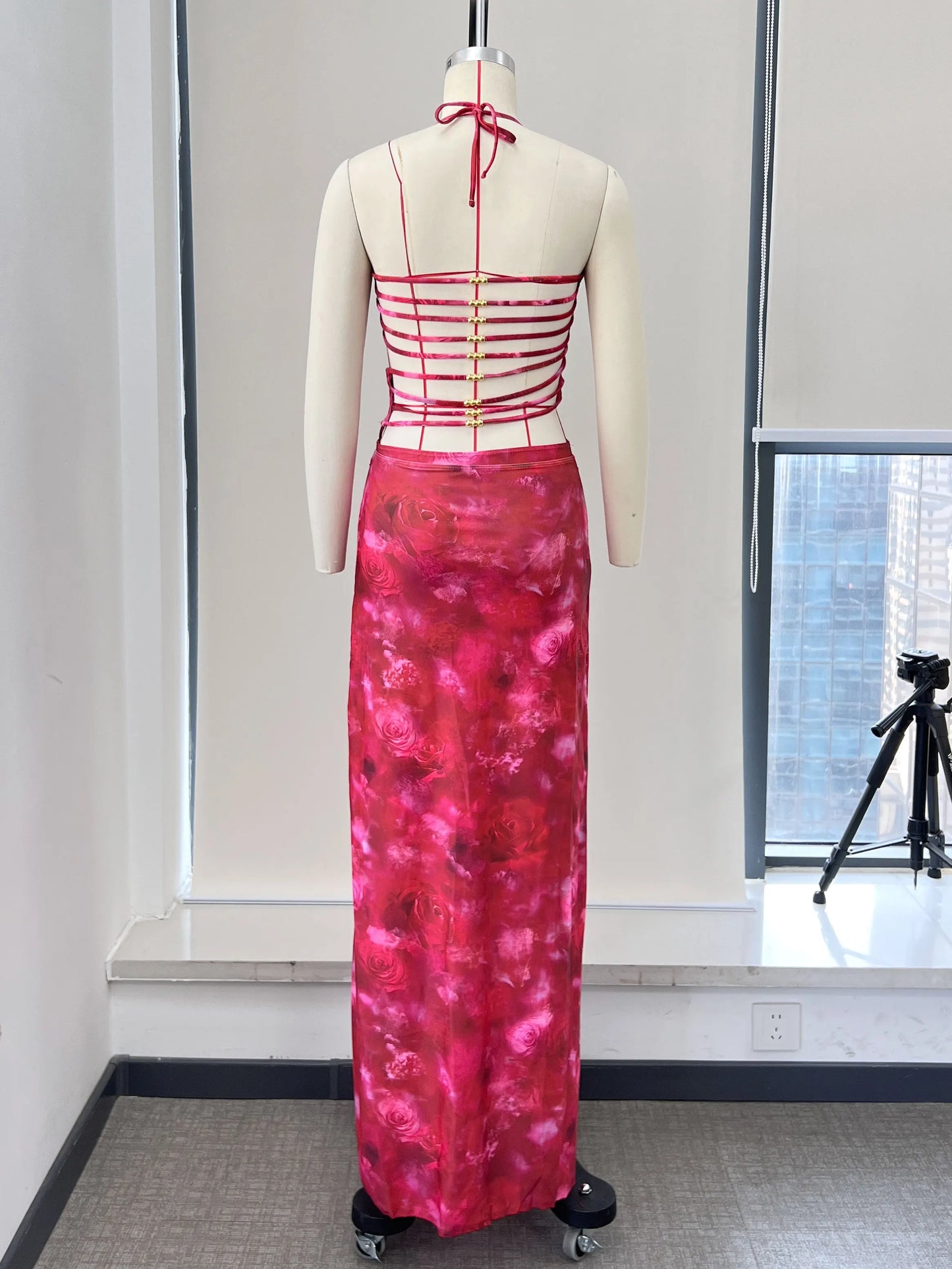 Women's Print Backless Swimwear with Skirt Women Slit Hollow Out Long Summer Bodycon Ruffles Dress