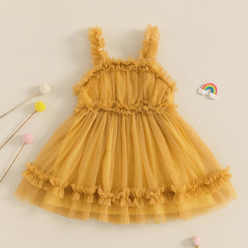 Girls' Summer Princess Dress - Sleeveless Mesh Ruffled Lace Tulle Sundress