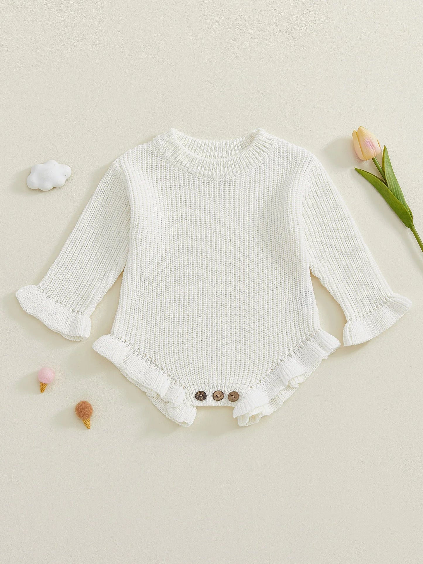 Newborn Baby Knit Romper - Long Sleeve Round Neck Ruffled Sweater Jumpsuit