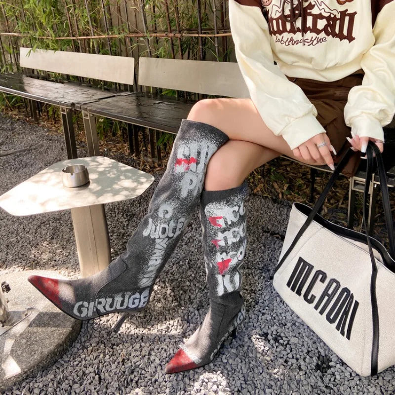 Women's 7cm Thin Heel Graffiti Folded Denim Boots