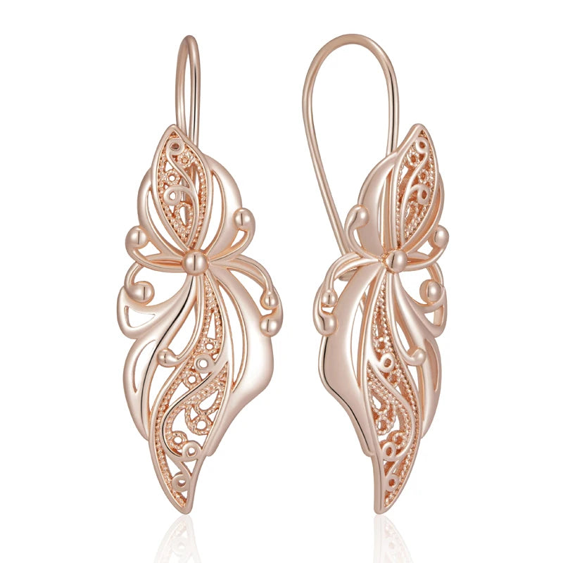 Glossy Rose Gold Dangle Earrings - Elegant Flower Design for Daily Wear