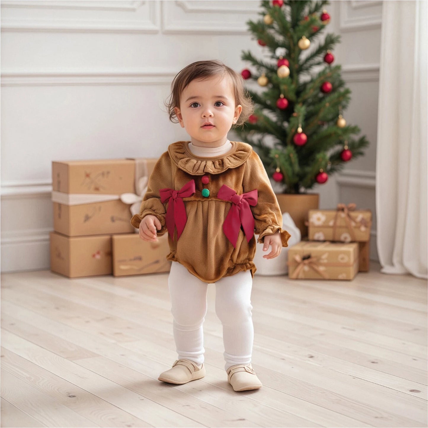 Baby Girls Christmas Romper - Plush Gingerbread Costume with Bow Detail