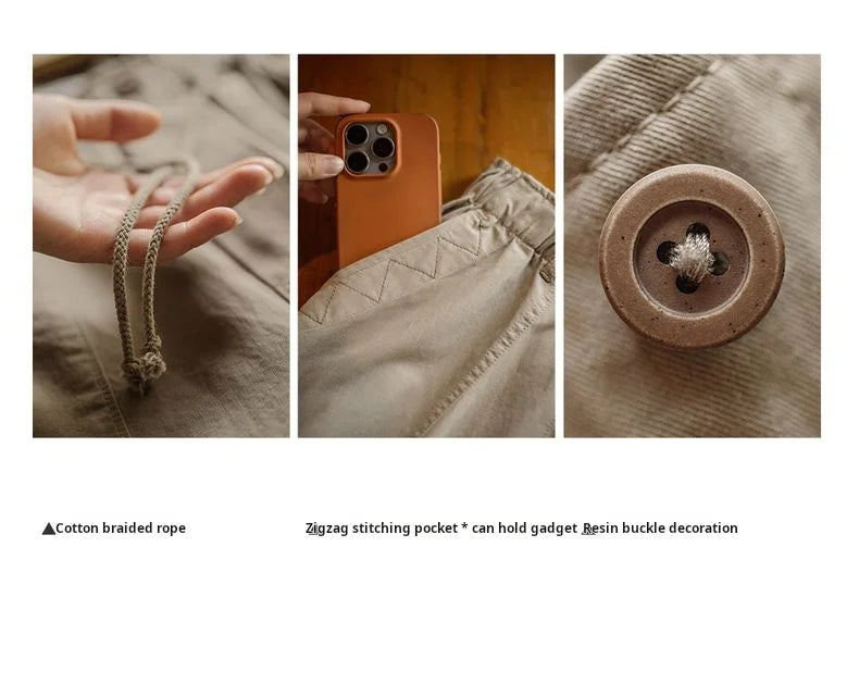 Women's Wide Leg Cargo Trousers - Khaki Elastic Waist Pocket Pants