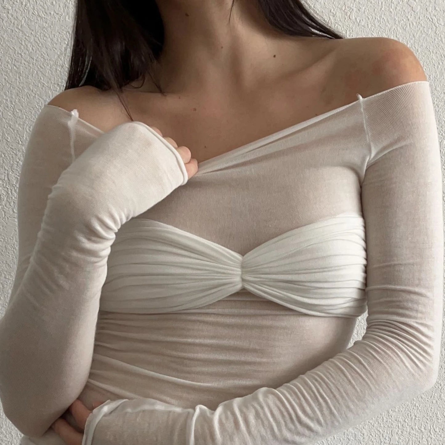 Women's Off Shoulder Ruched Knit Top - Long Sleeve Top