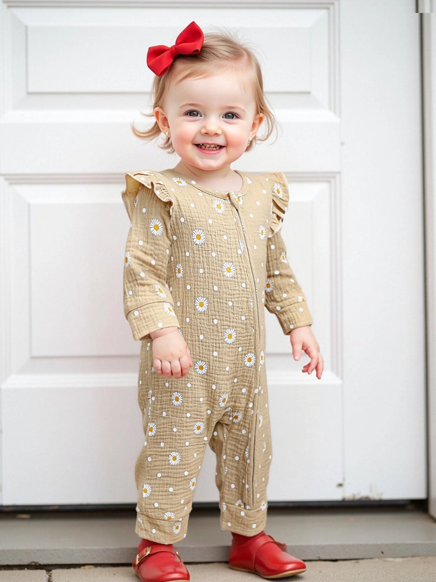 Baby Girls Fall Jumpsuit - Long Sleeve Flower Print Zipper Romper (0-18M)