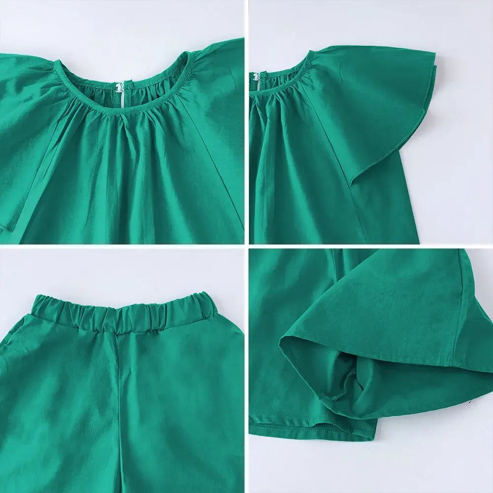 Girls Summer Outfit Set - Green Round Neck Top & Shorts