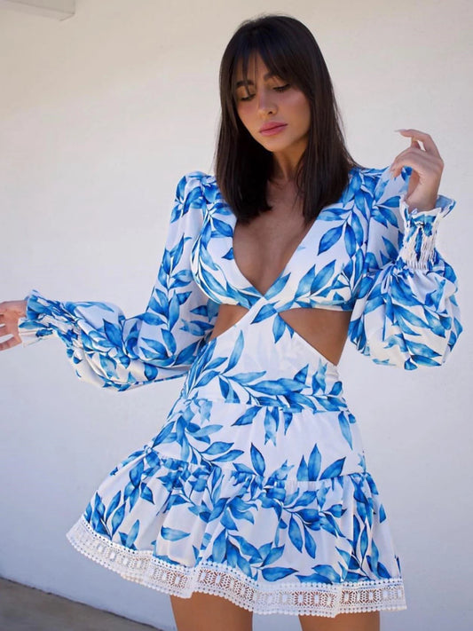 Women's Summer Print Lace  Long Sleeve Deep V Naked Waist A-line Mini Dress