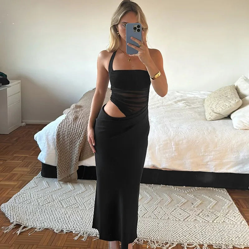Women's Elegant Halter Mesh Sheer Cut Out Maxi Dress - Party Long Dress Outfit Asymmetrical Ruched Gown Summer Dress