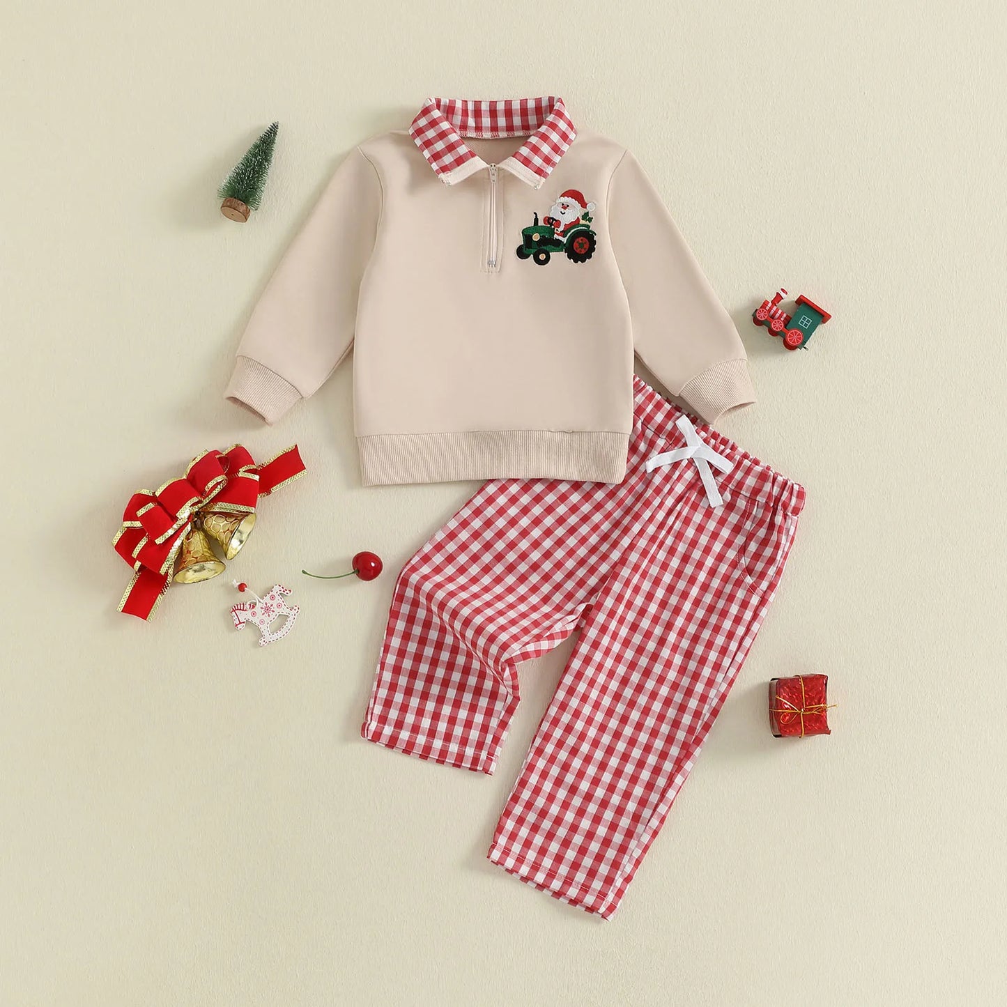 Baby Boys Christmas Clothes Set - Xmas Tree Embroidery Zip Pullover & Plaid Pants