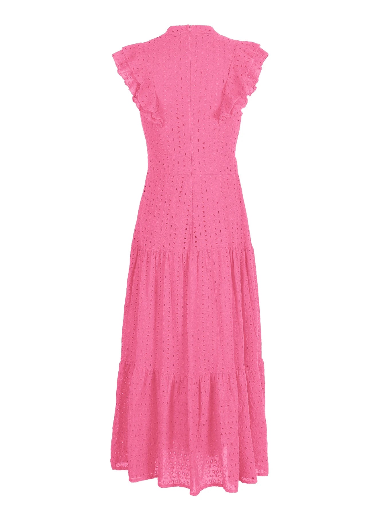 Women's Bohemian Hollow Out Elegant Round Neck Flying Sleeve Button Long Summer Dress