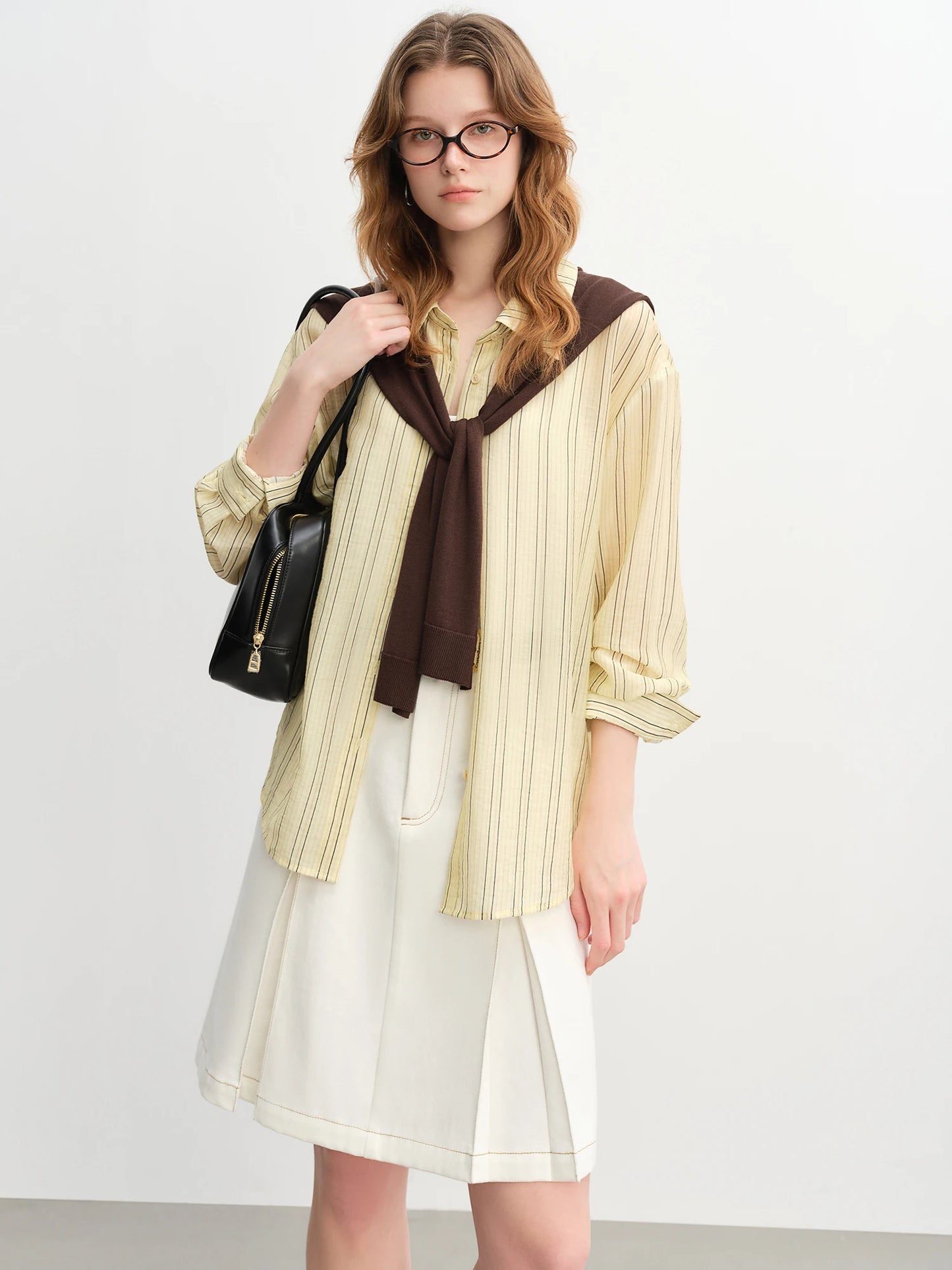 Women's Autumn Clothing Set - Long Sleeve Shirt & A-Line Skirt with V-Neck Top
